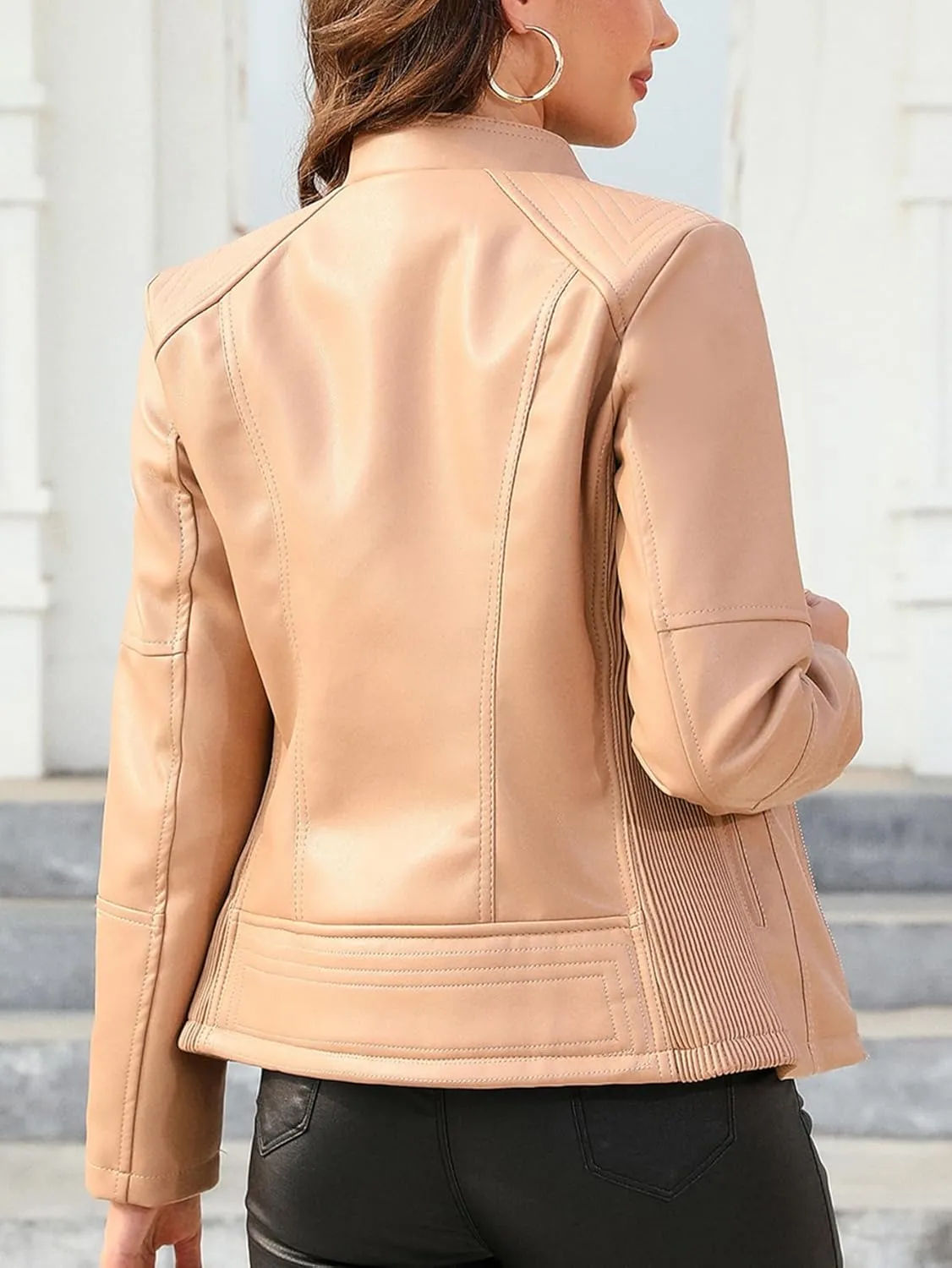 Bellivera Faux Leather Jacket Women Motorcycle Zipper Bomber PU Bike Coat with Pockets