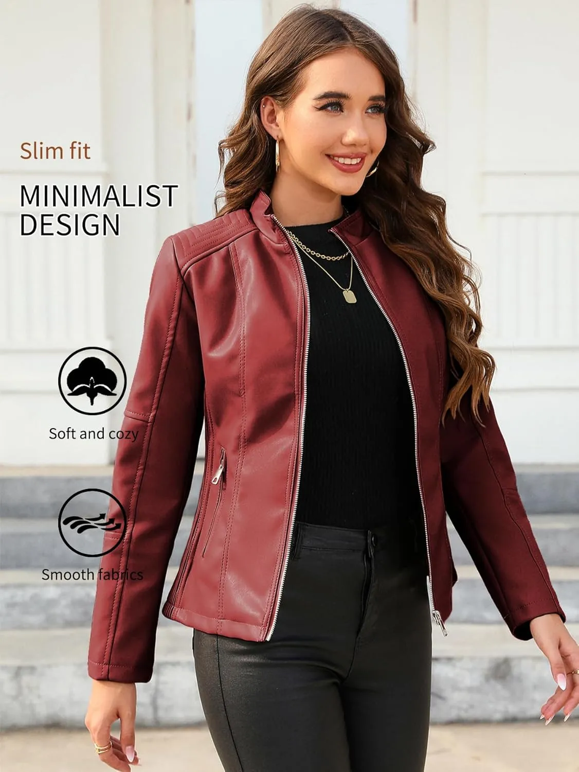 Bellivera Faux Leather Jacket Women Motorcycle Zipper Bomber PU Bike Coat with Pockets