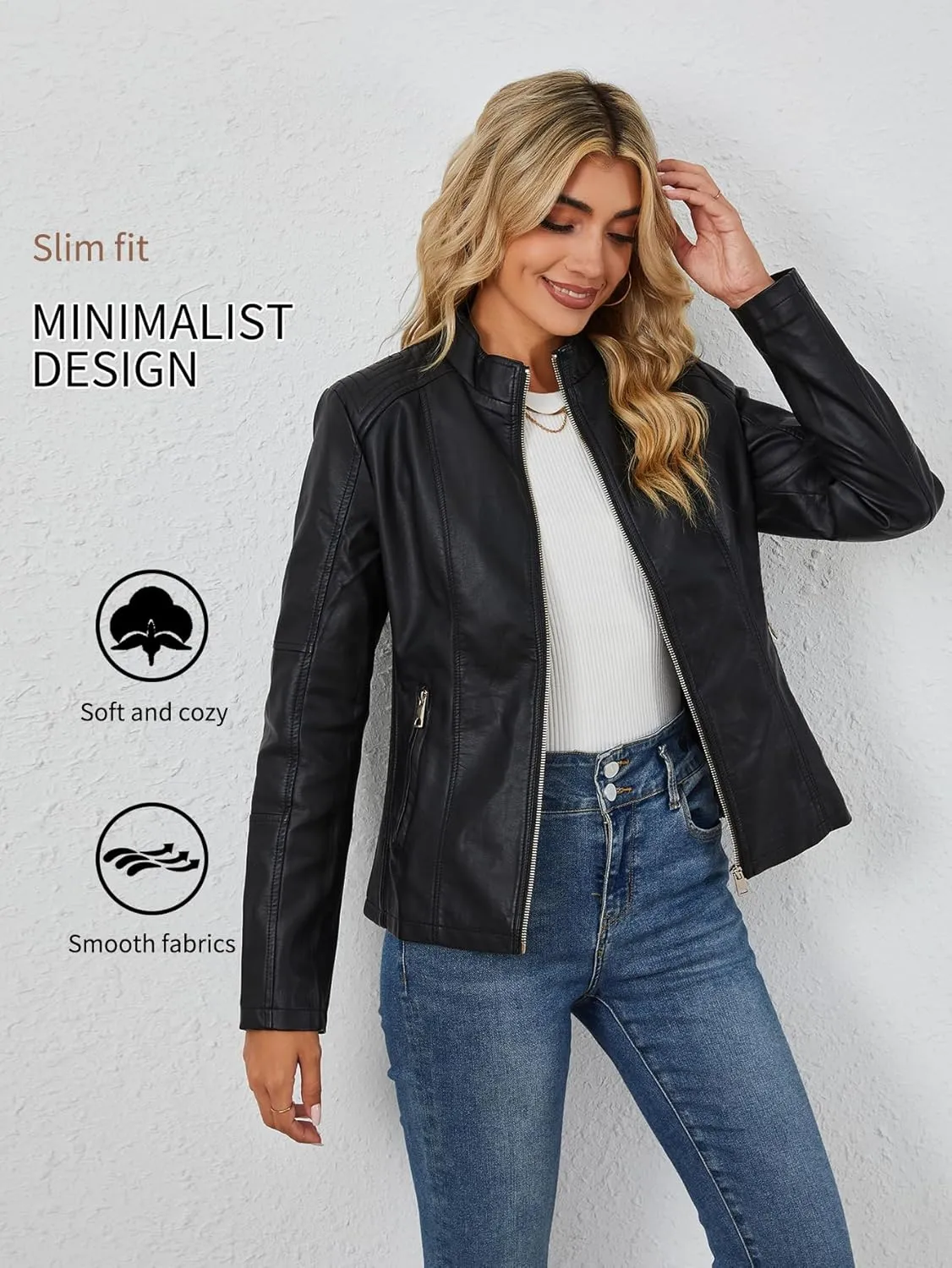 Bellivera Faux Leather Jacket Women Motorcycle Zipper Bomber PU Bike Coat with Pockets