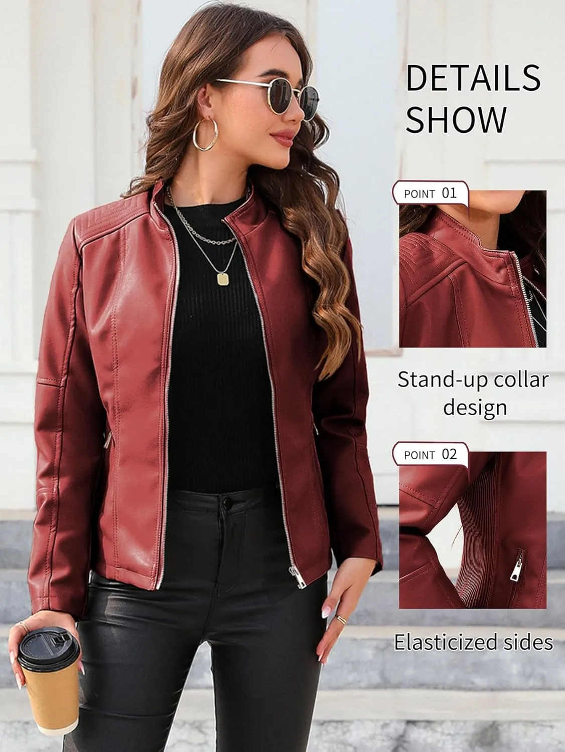 Bellivera Faux Leather Jacket Women Motorcycle Zipper Bomber PU Bike Coat with Pockets