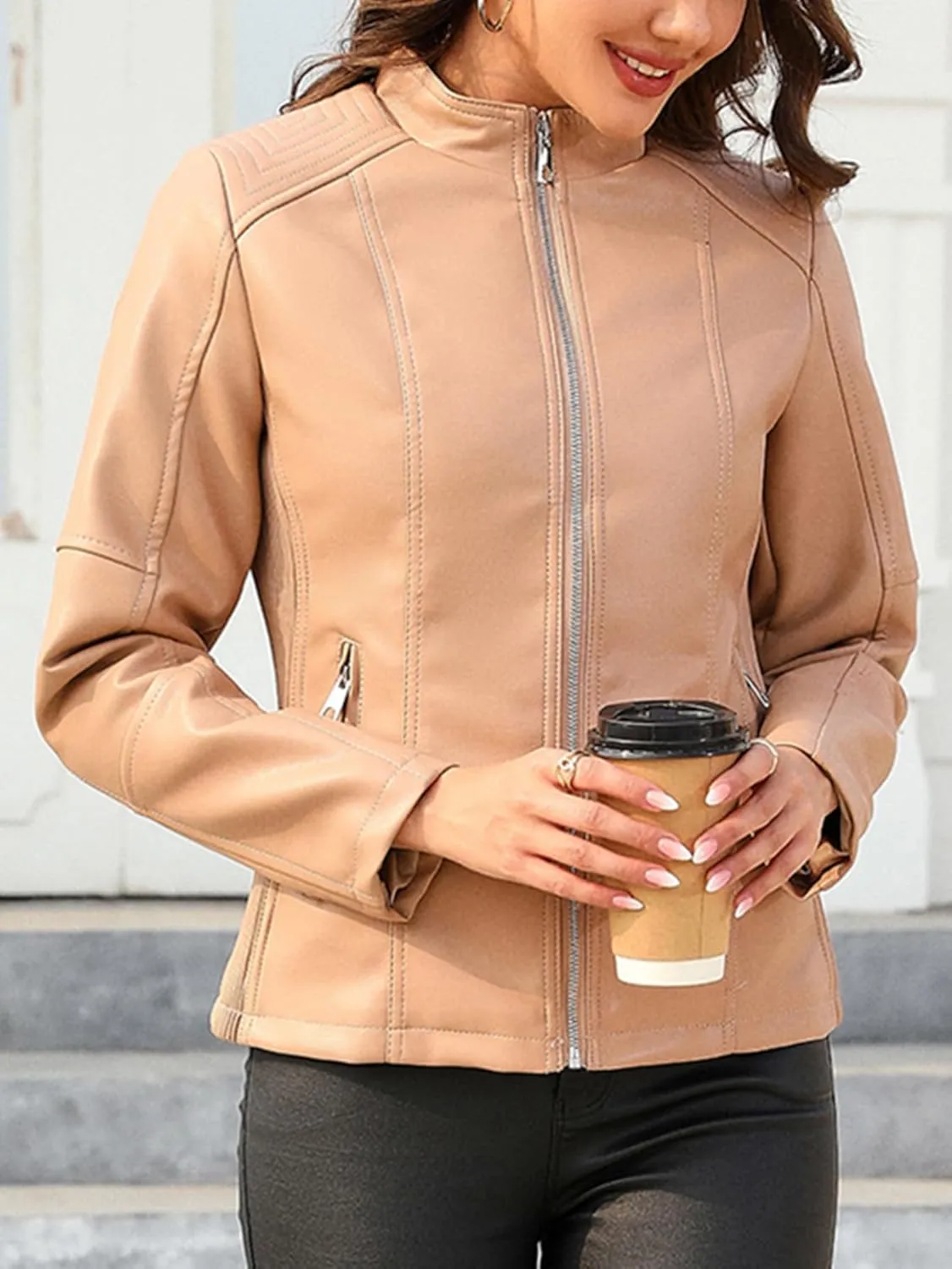Bellivera Faux Leather Jacket Women Motorcycle Zipper Bomber PU Bike Coat with Pockets