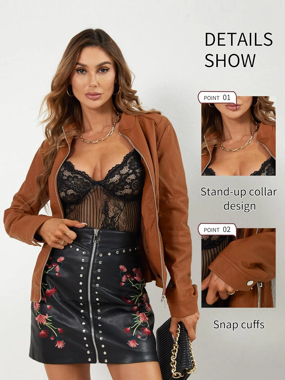 Bellivera Faux Leather Jacket Women Motorcycle Zipper Bomber PU Bike Coat with Pockets