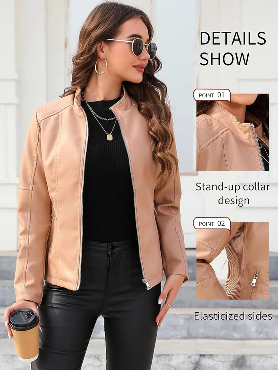 Bellivera Faux Leather Jacket Women Motorcycle Zipper Bomber PU Bike Coat with Pockets