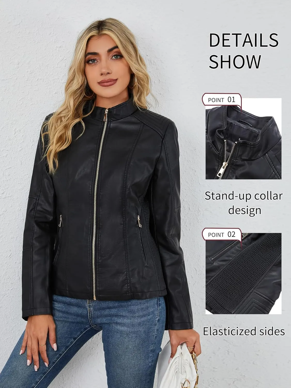 Bellivera Faux Leather Jacket Women Motorcycle Zipper Bomber PU Bike Coat with Pockets