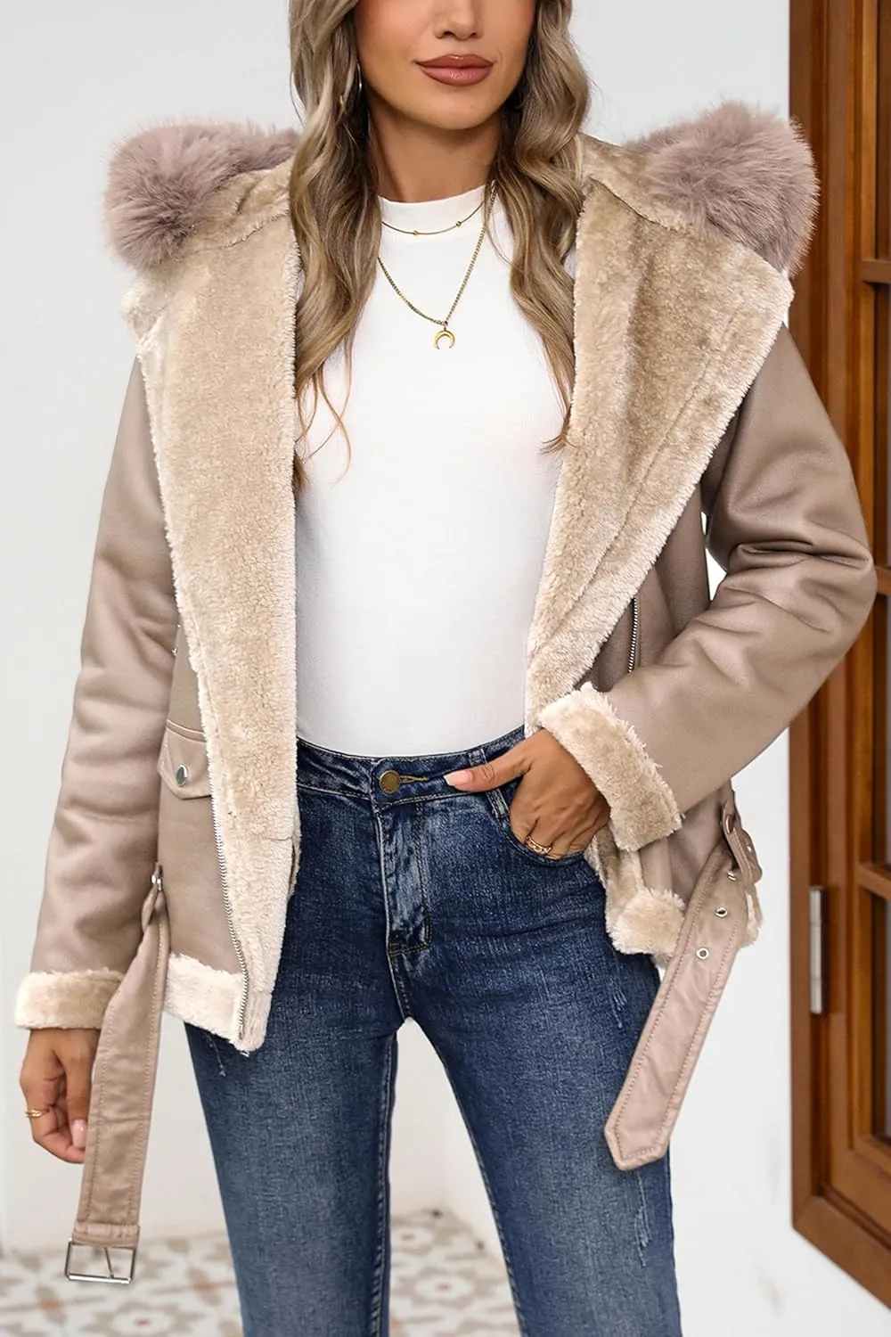 Bellivera Women Faux Suede Leather Jacket Moto Biker Coat Sherpa-Lined Outerwear with Detachable Belt