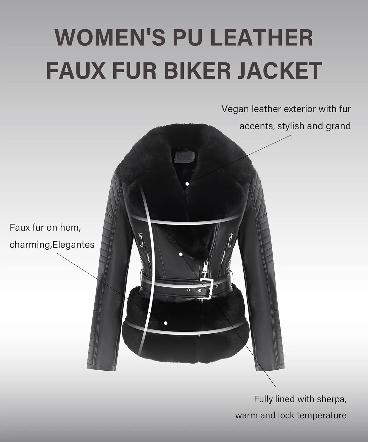 Bellivera Women Faux Suede Leather Jacket Moto Biker Coat Sherpa-Lined Outerwear with Detachable Belt