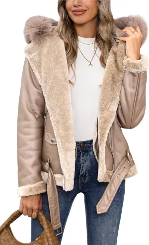 Bellivera Women Faux Suede Leather Jacket Moto Biker Coat Sherpa-Lined Outerwear with Detachable Belt