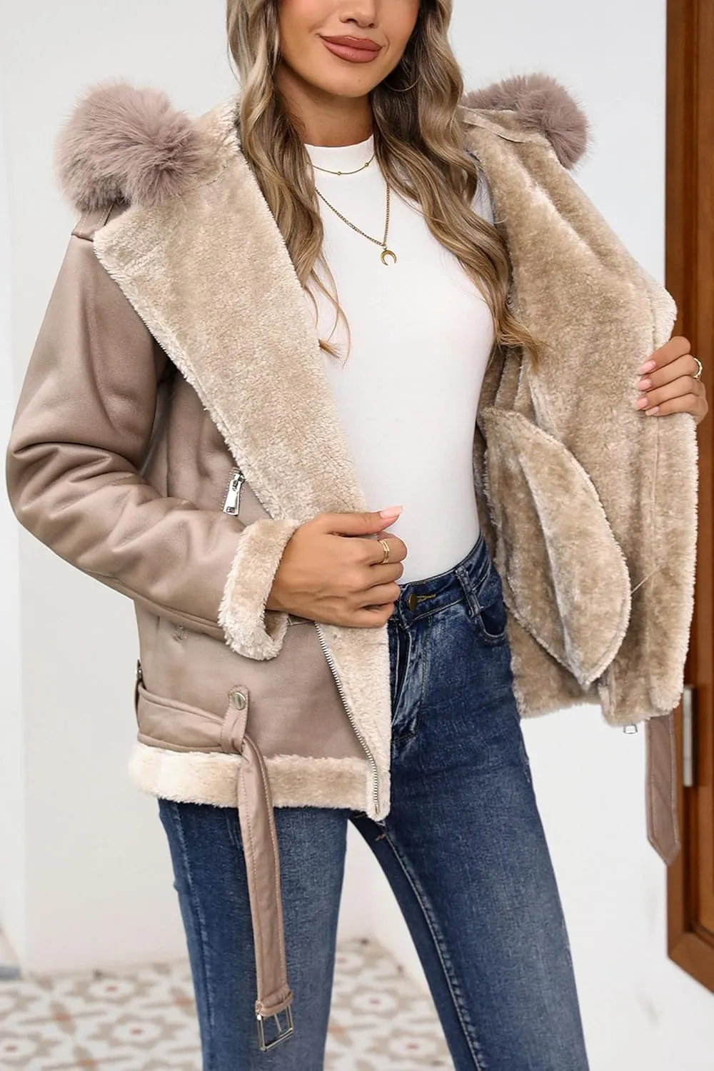 Bellivera Women Faux Suede Leather Jacket Moto Biker Coat Sherpa-Lined Outerwear with Detachable Belt
