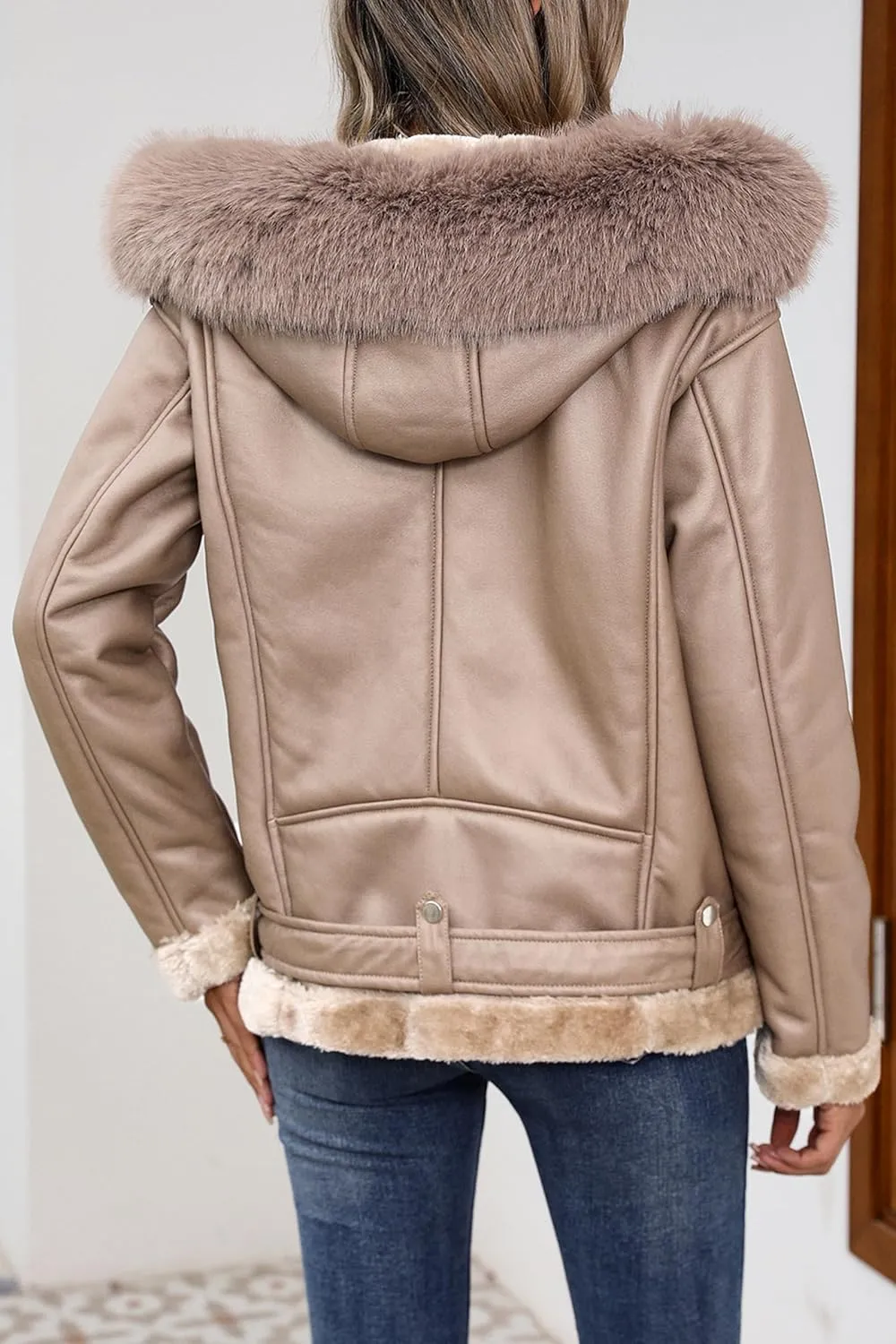 Bellivera Women Faux Suede Leather Jacket Moto Biker Coat Sherpa-Lined Outerwear with Detachable Belt