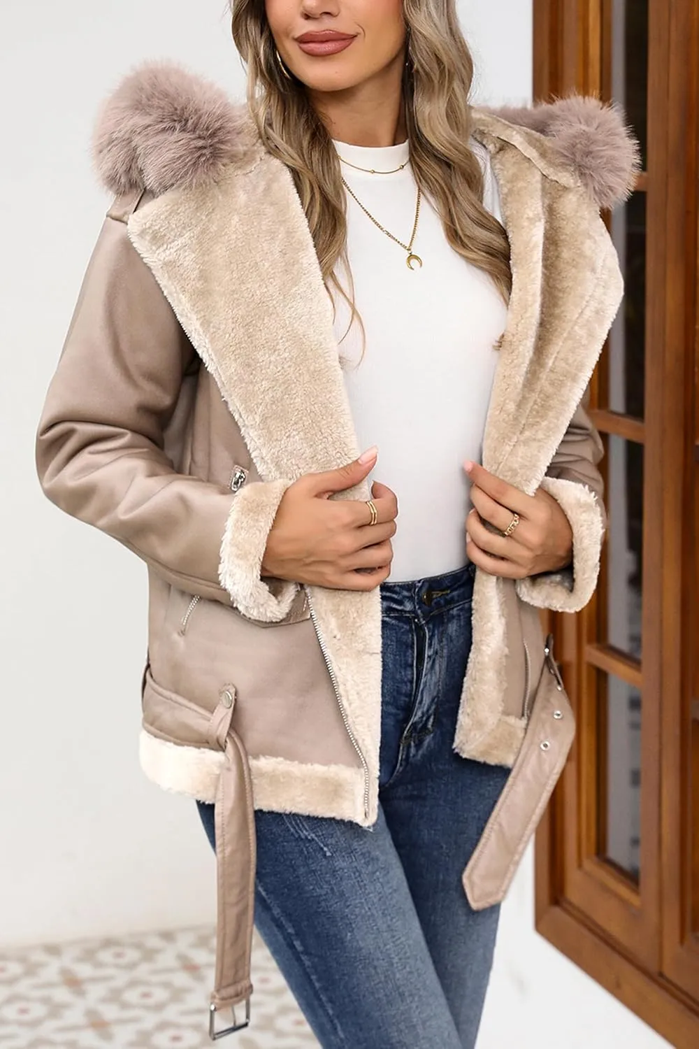 Bellivera Women Faux Suede Leather Jacket Moto Biker Coat Sherpa-Lined Outerwear with Detachable Belt