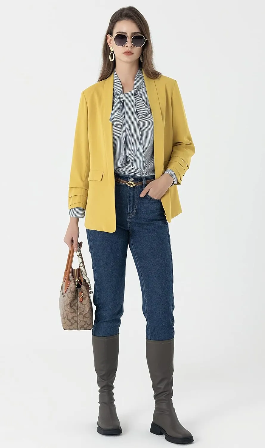Beninos Womens Casual 3/4 Folding Sleeve Boyfriend Blazer Jacket with No Button