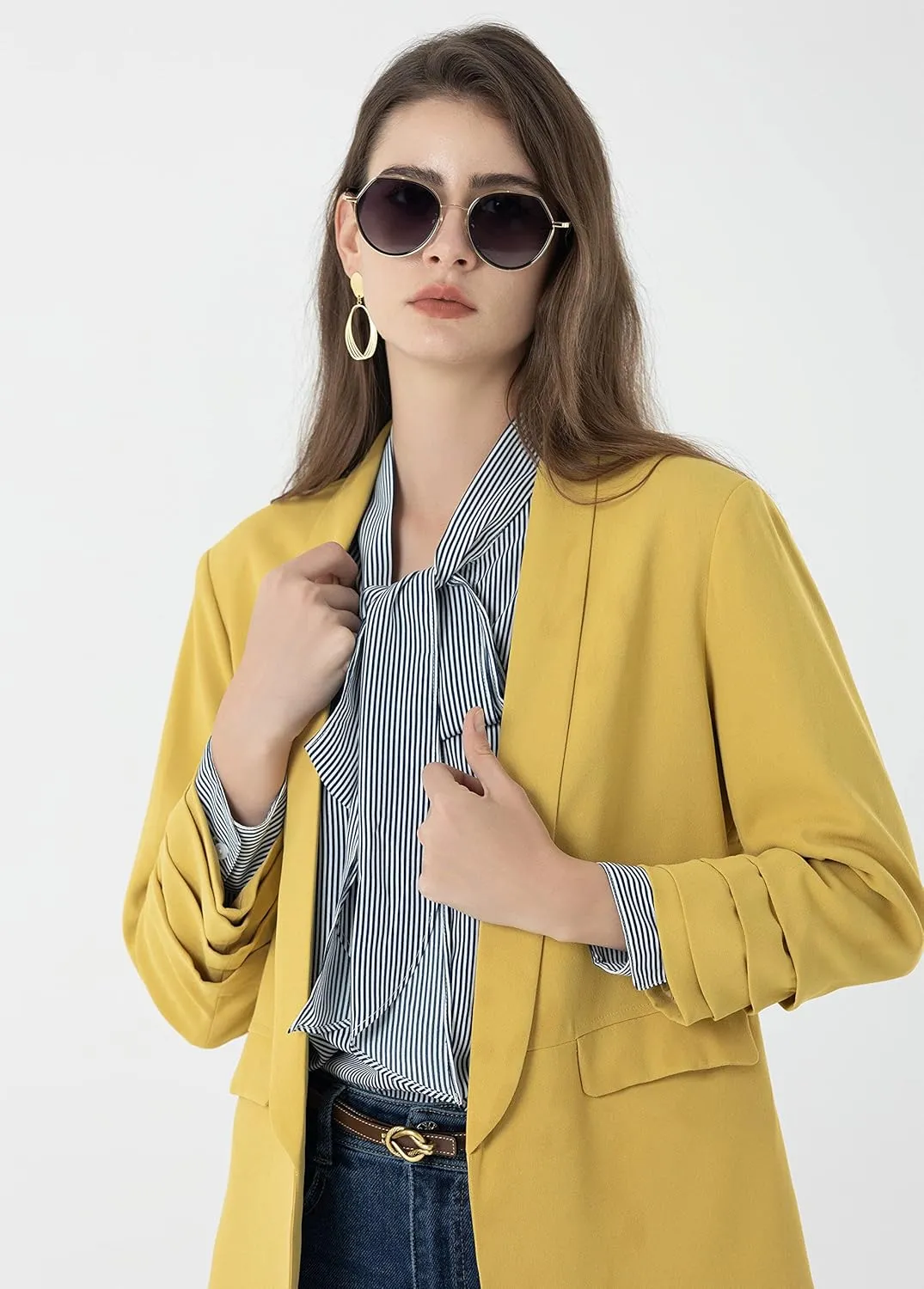 Beninos Womens Casual 3/4 Folding Sleeve Boyfriend Blazer Jacket with No Button