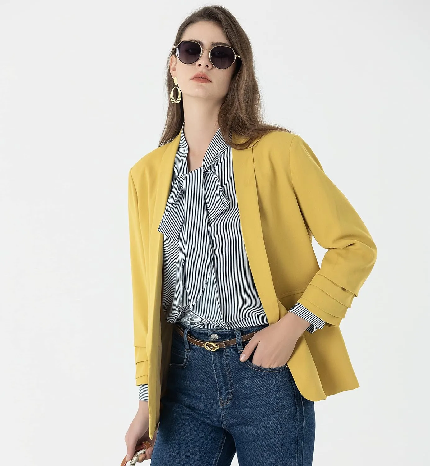 Beninos Womens Casual 3/4 Folding Sleeve Boyfriend Blazer Jacket with No Button