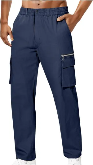 Bidobibo Cargo Pants for Men Slim Fit Elastic Waist Pants with Pockets Tactical Pants Men Stretchy Outdoor Work Trousers