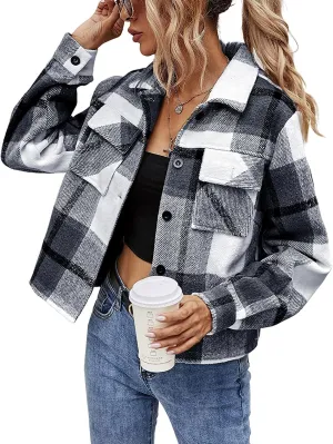 Binshre Womens Cropped Plaid Shacket Flannel Long Sleeve Button Down Jackets Coat for Women