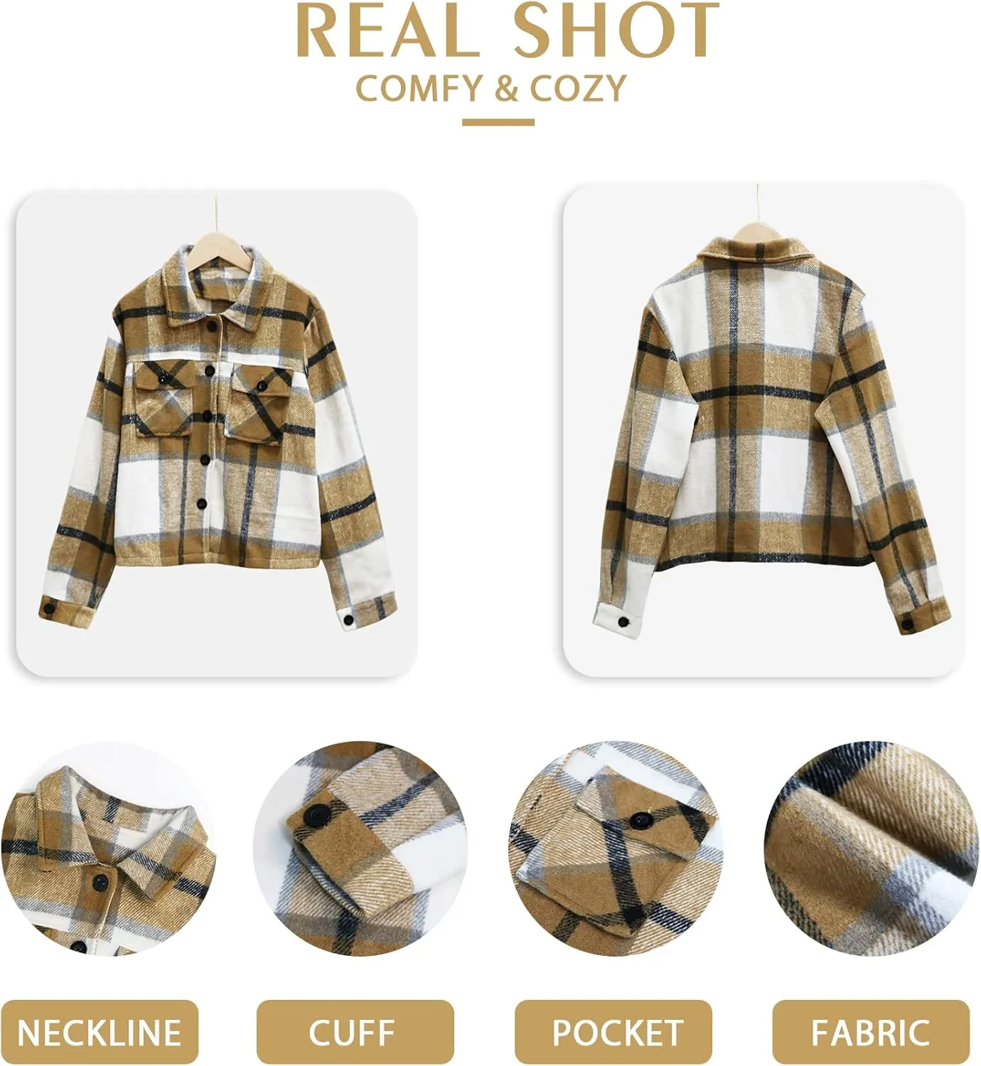 Binshre Womens Cropped Plaid Shacket Flannel Long Sleeve Button Down Jackets Coat for Women