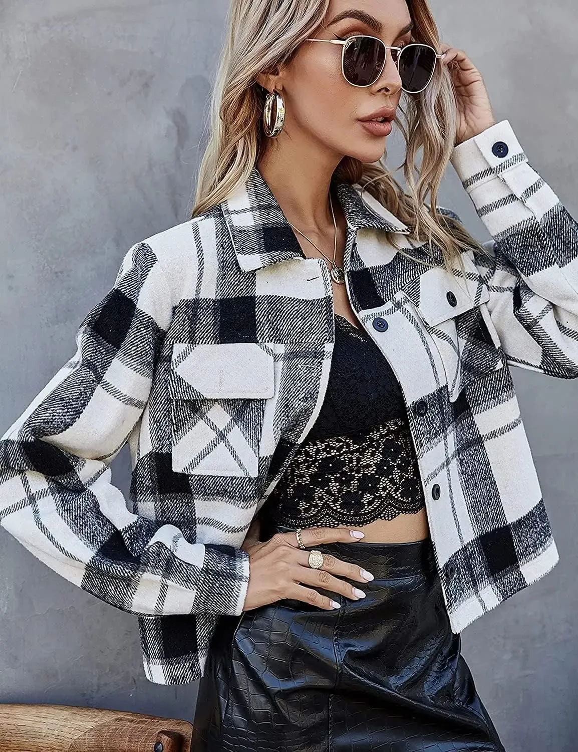Binshre Womens Cropped Plaid Shacket Flannel Long Sleeve Button Down Jackets Coat for Women