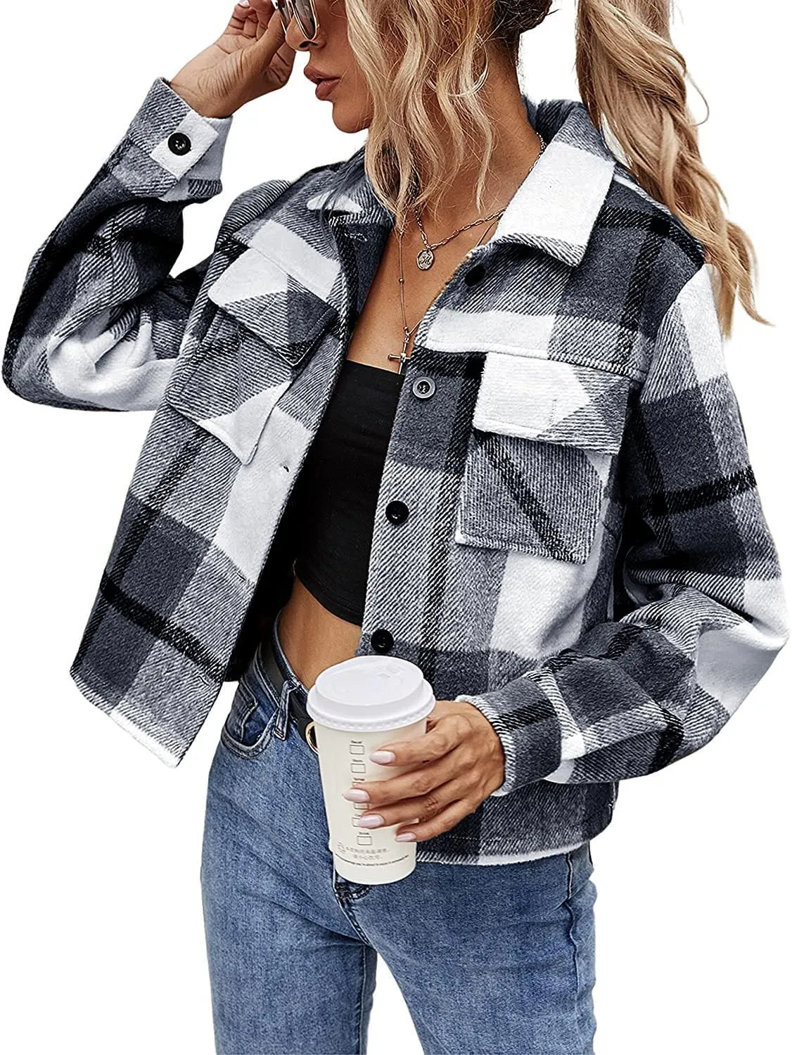 Binshre Womens Cropped Plaid Shacket Flannel Long Sleeve Button Down Jackets Coat for Women
