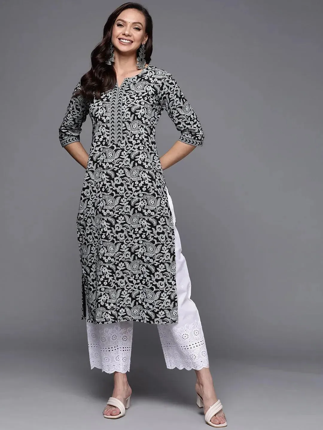 Black Printed Cotton Straight Kurta
