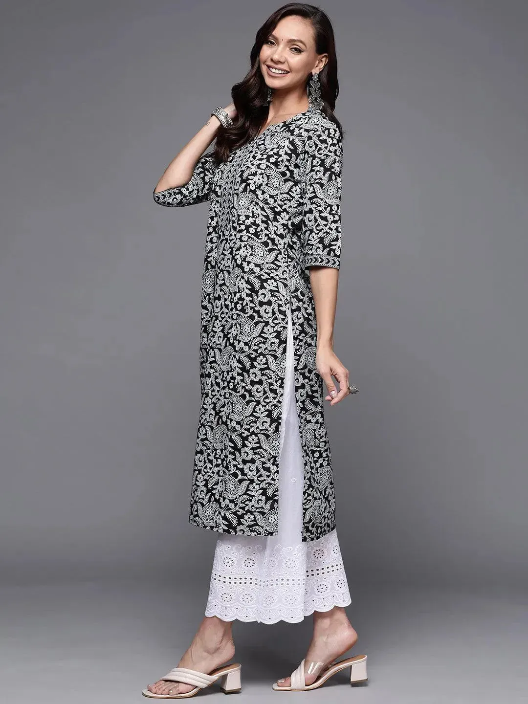 Black Printed Cotton Straight Kurta