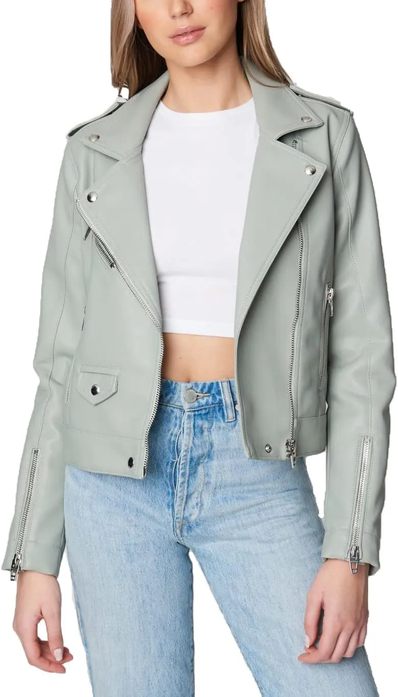 [BLANKNYC] Womens Vegan Leather Moto Jacket with Zipper and Pocket Detail, Stylish Coat & Designer Clothing, Play-Act, Medium, Sage