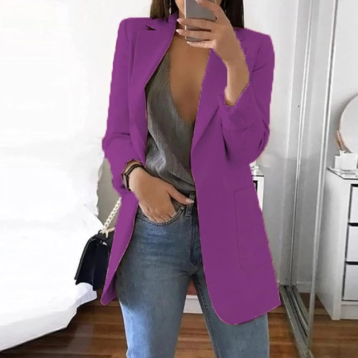 Blazer Jackets for Women Work Office Suit Coats Slim Open Front Cardigan Lapel Collar Long Sleeve Outerwear