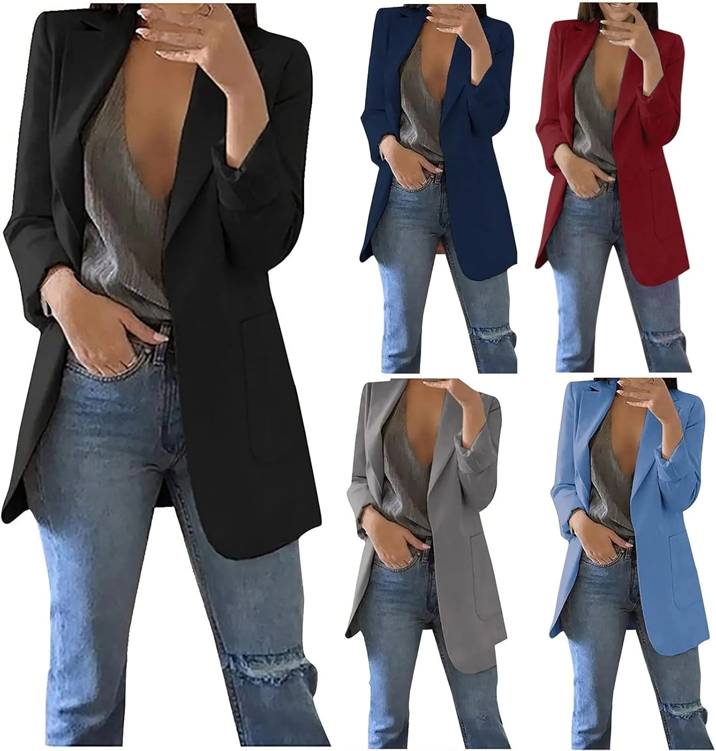 Blazer Jackets for Women Work Office Suit Coats Slim Open Front Cardigan Lapel Collar Long Sleeve Outerwear