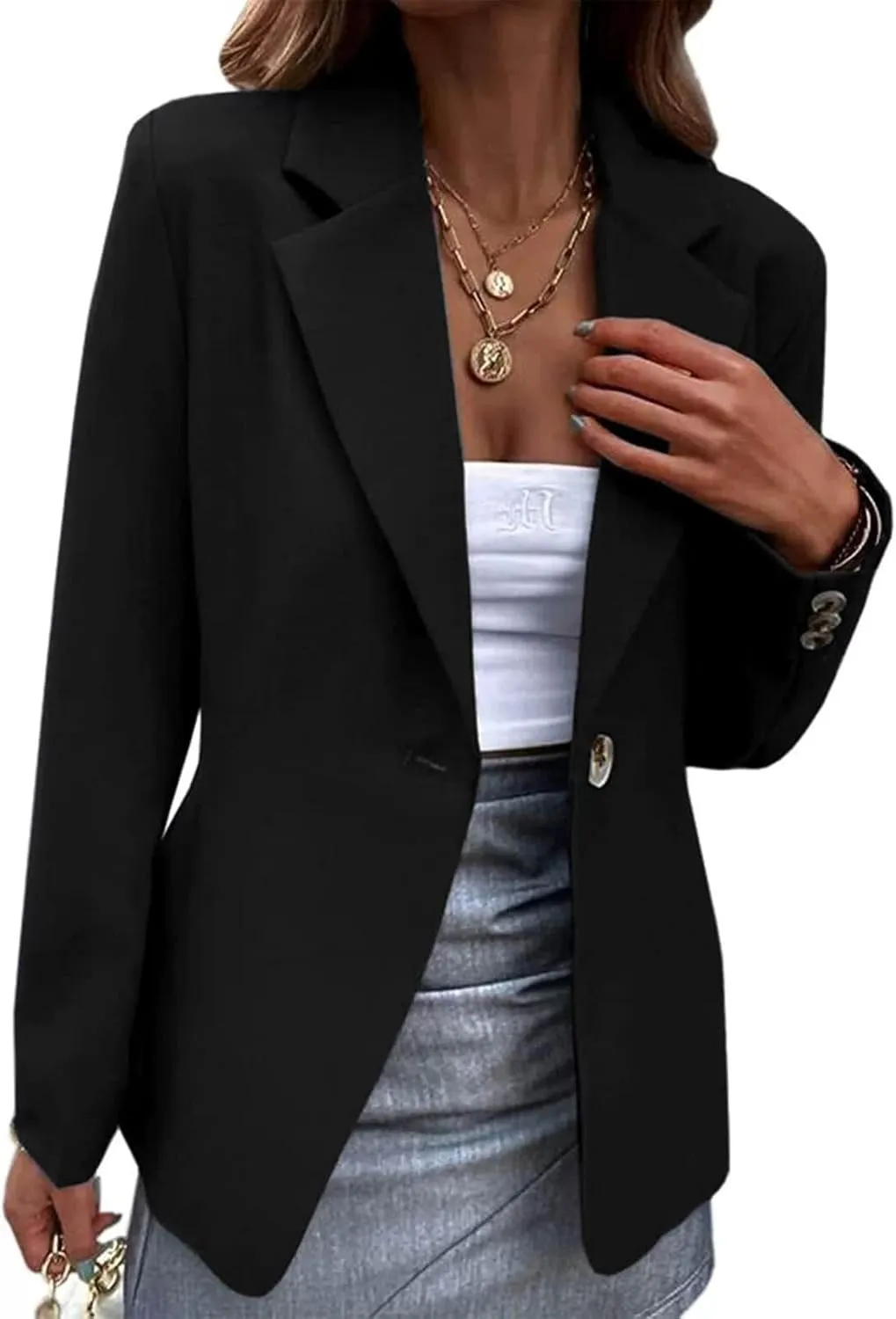 Blazers for Women Casual Open Front Long Sleeve Jackets Elegant Work Office Suit Coat Single Button Lapel Blazer
