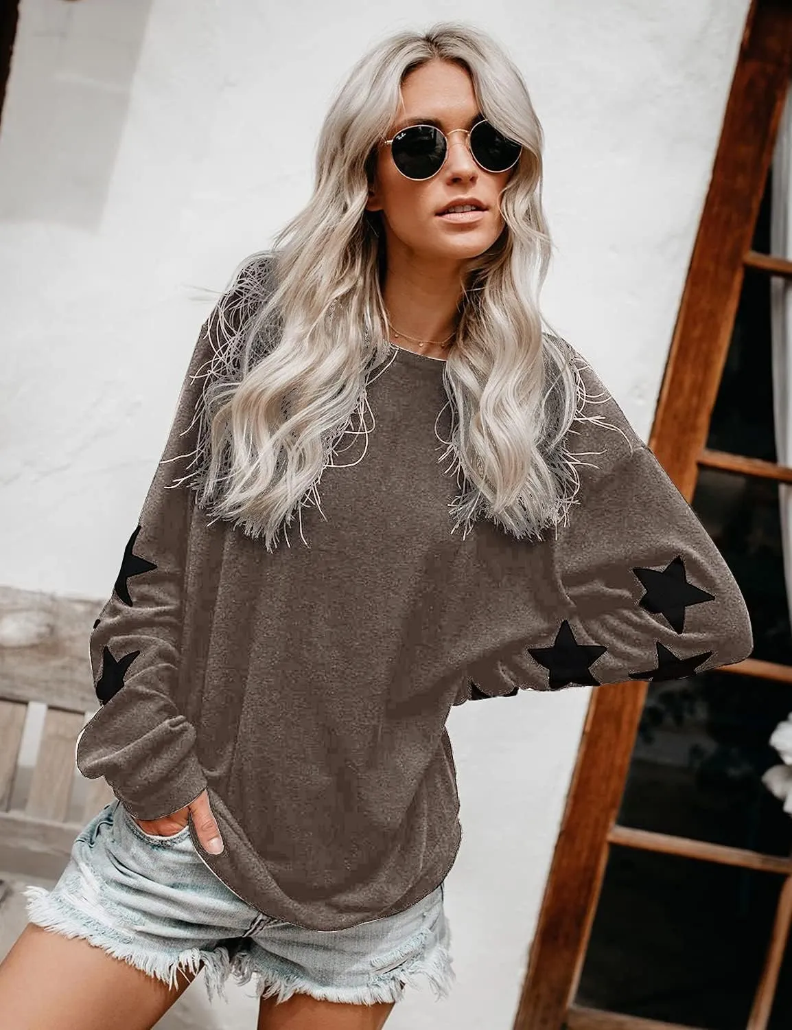Blooming Jelly Womens Knit Pullover Sweaters Crewneck Long Sleeve Star Print Lightweight Cute Top