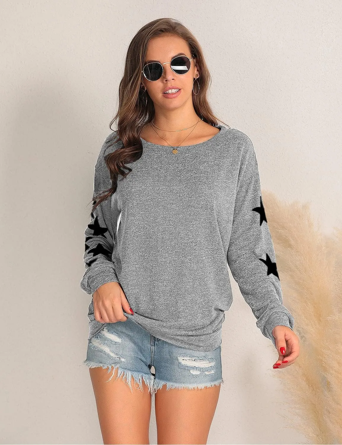 Blooming Jelly Womens Knit Pullover Sweaters Crewneck Long Sleeve Star Print Lightweight Cute Top
