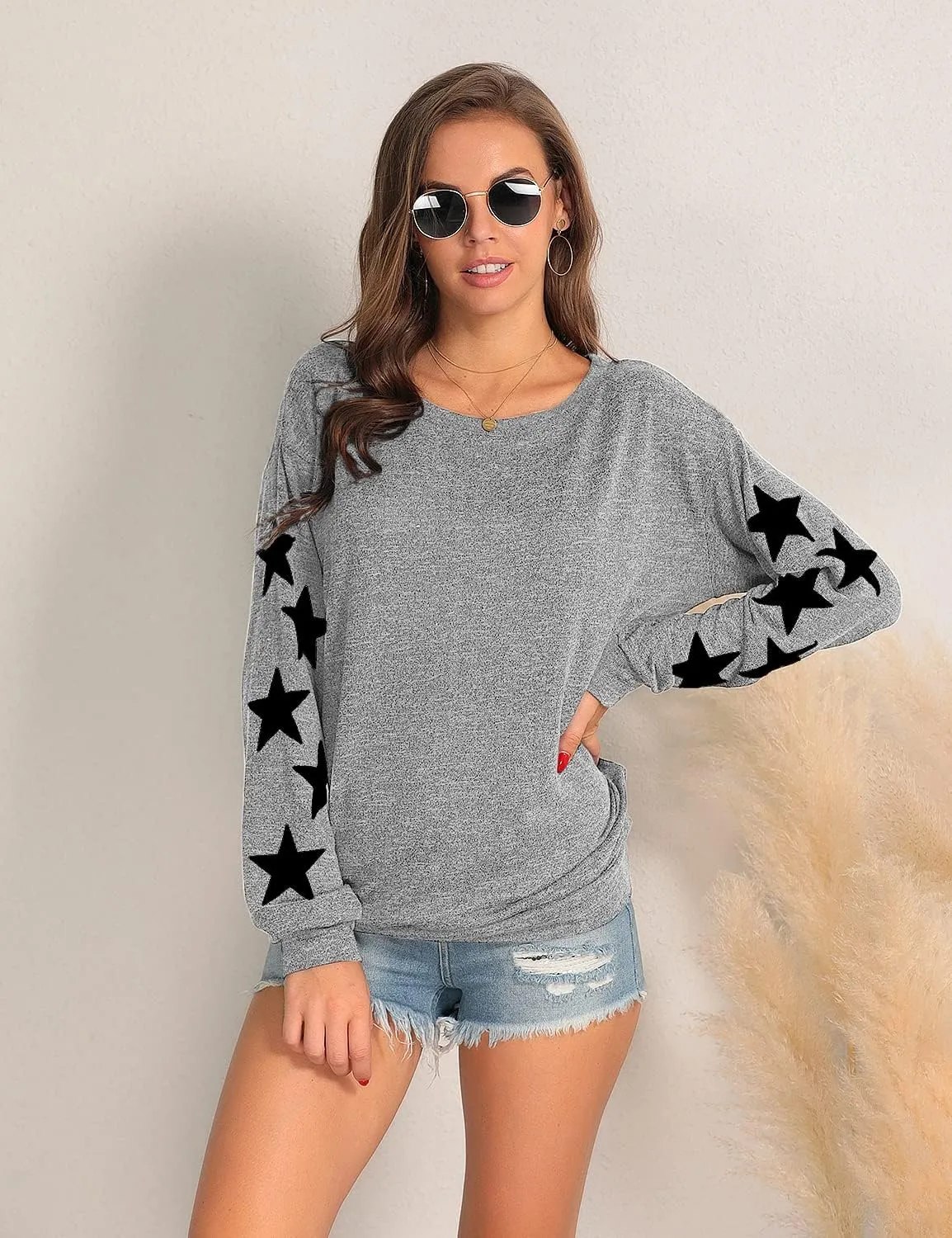 Blooming Jelly Womens Knit Pullover Sweaters Crewneck Long Sleeve Star Print Lightweight Cute Top