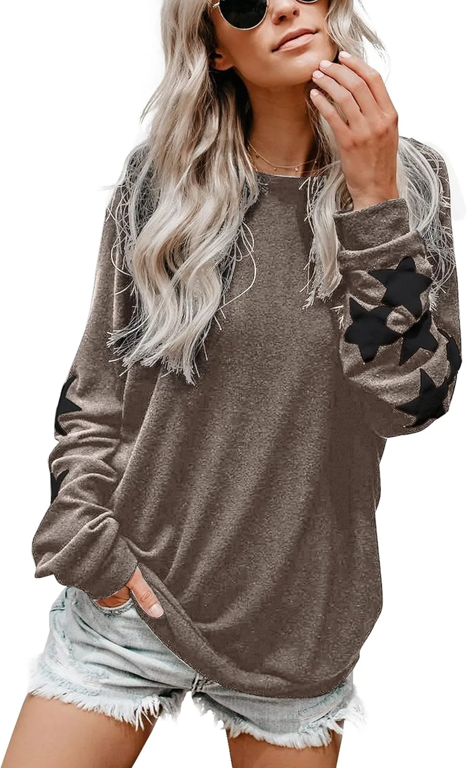 Blooming Jelly Womens Knit Pullover Sweaters Crewneck Long Sleeve Star Print Lightweight Cute Top
