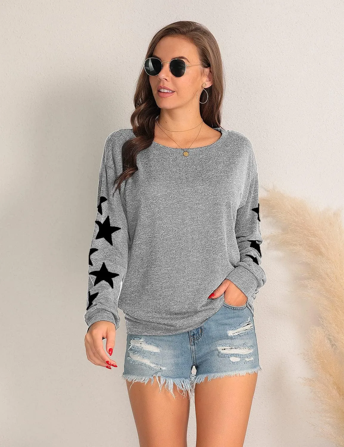 Blooming Jelly Womens Knit Pullover Sweaters Crewneck Long Sleeve Star Print Lightweight Cute Top