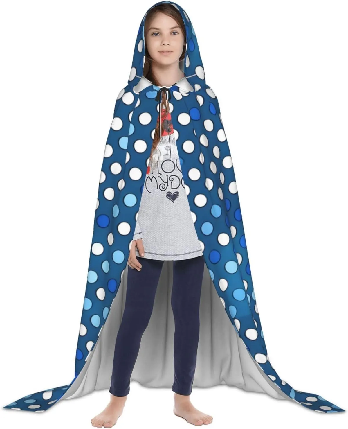 Blue Polka Dot Pattern Hooded Cloak Coat Winter Warm Long Cloak Cosplay Costumes Outerwear Carnivals Hoodies Capes