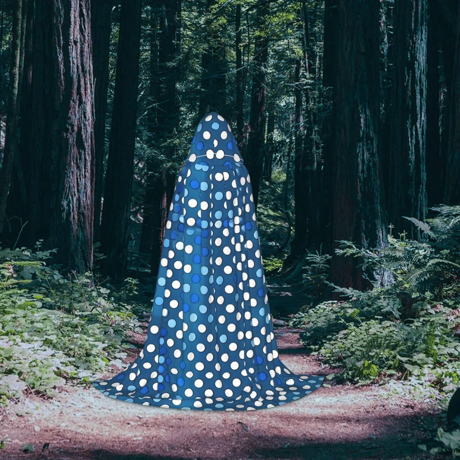 Blue Polka Dot Pattern Hooded Cloak Coat Winter Warm Long Cloak Cosplay Costumes Outerwear Carnivals Hoodies Capes