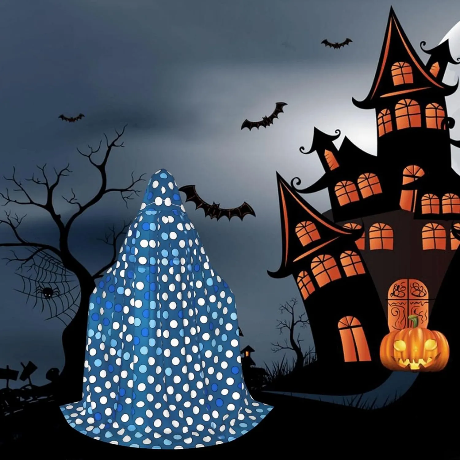Blue Polka Dot Pattern Hooded Cloak Coat Winter Warm Long Cloak Cosplay Costumes Outerwear Carnivals Hoodies Capes