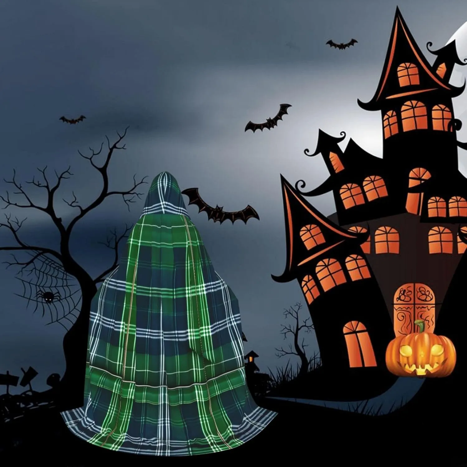 Blue Scottish Tartan Hooded Cloak Coat Winter Warm Long Cloak Cosplay Costumes Outerwear Carnivals Hoodies Capes