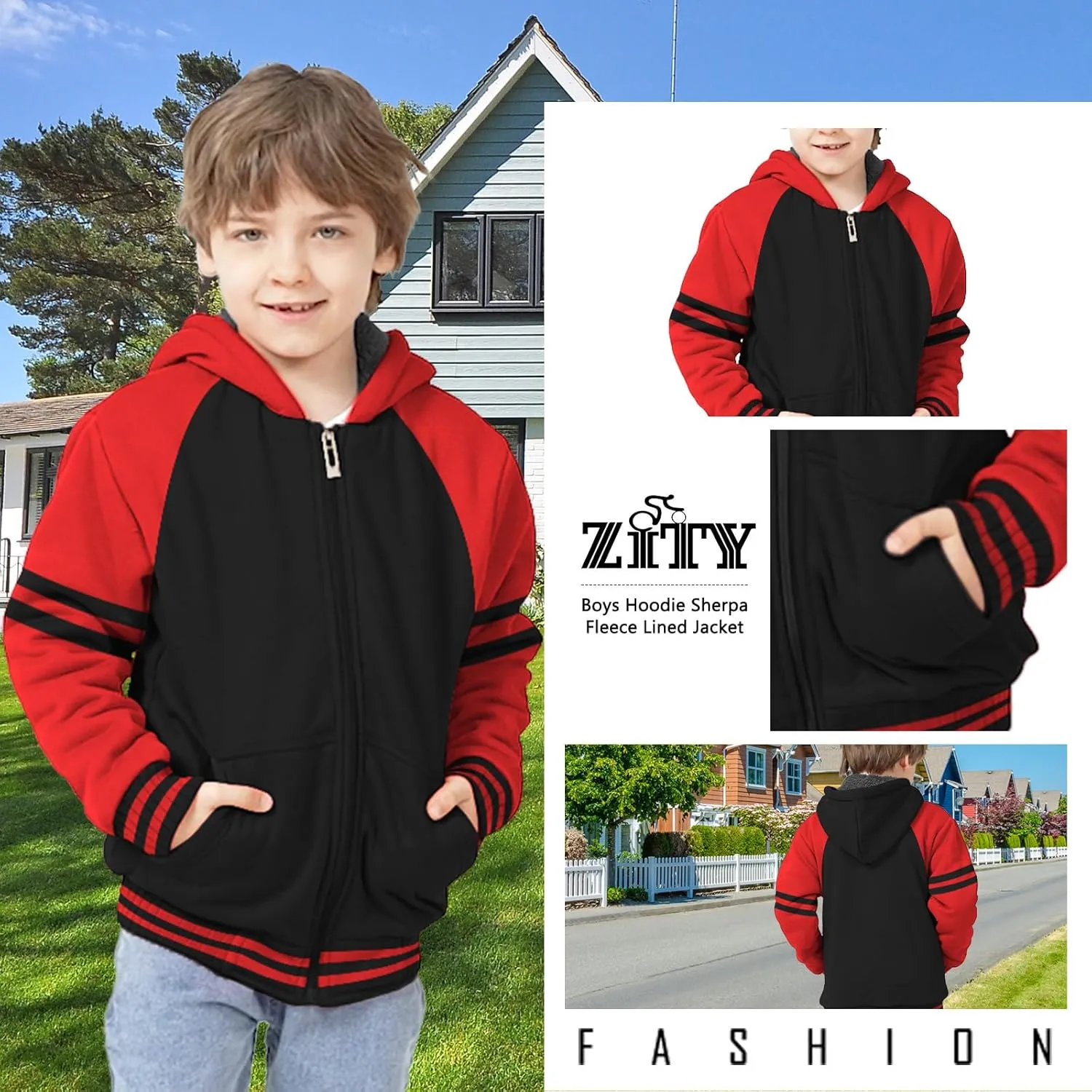 Boys Fleece Jacket Zip Up Hoodie Sherpa Lined Warm Coat Hooded Sweatshirt Outerwear