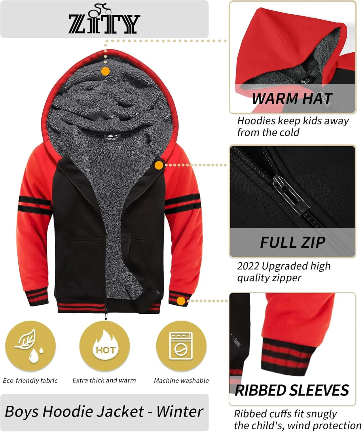 Boys Fleece Jacket Zip Up Hoodie Sherpa Lined Warm Coat Hooded Sweatshirt Outerwear