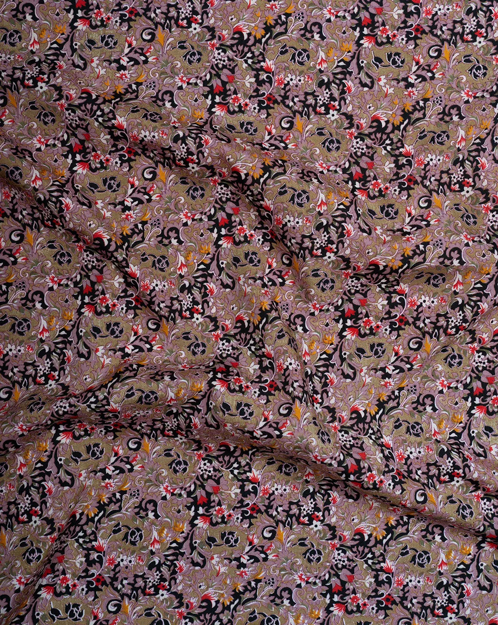 Brown Yellow Floral Screen Print Crepe Fabric