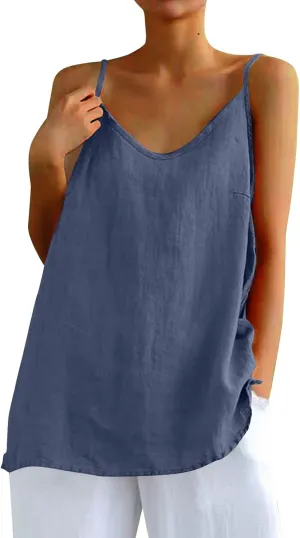 Camisole Tops for Women Summer V Neck Sleeveless Tops Loose Fit Swing Spaghetti Strap Cotton Linen Cami Tank Top