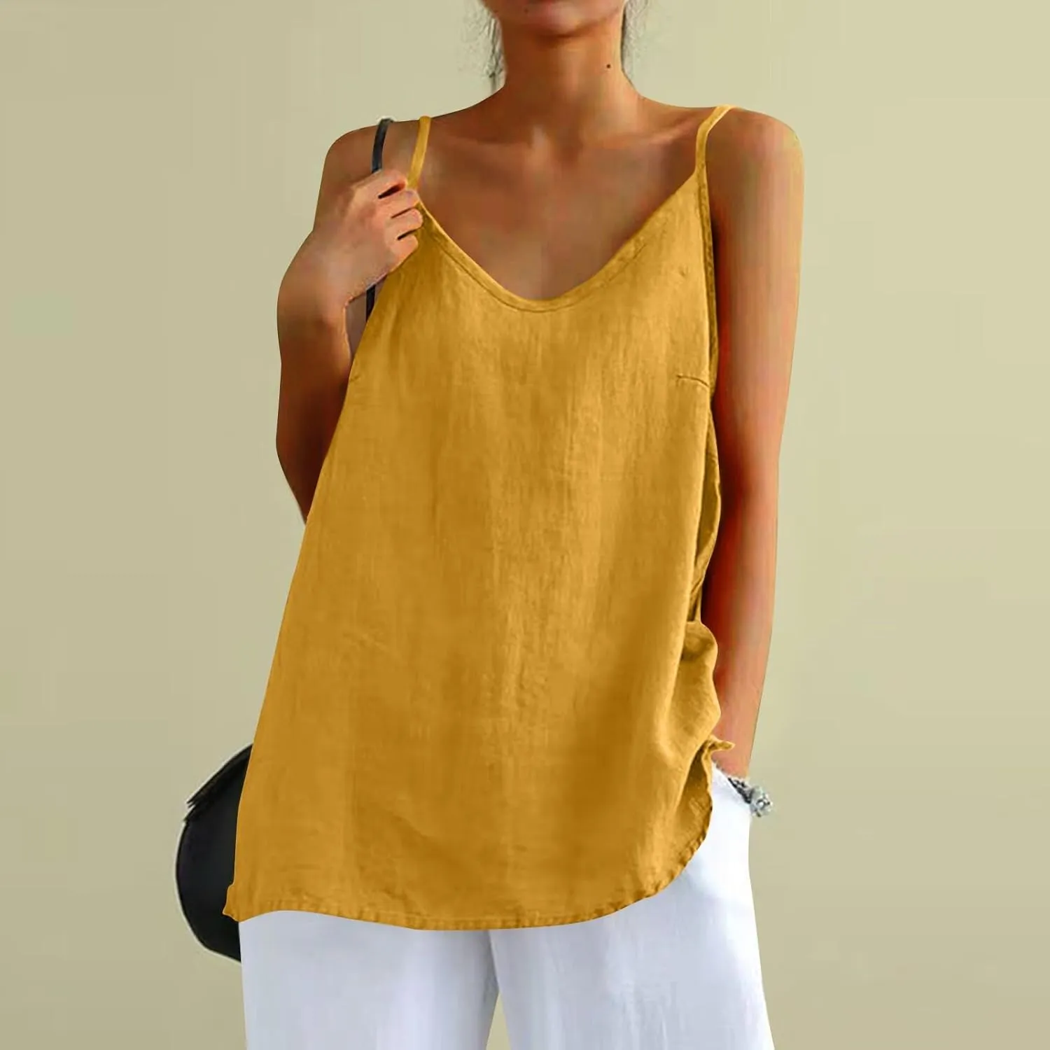 Camisole Tops for Women Summer V Neck Sleeveless Tops Loose Fit Swing Spaghetti Strap Cotton Linen Cami Tank Top