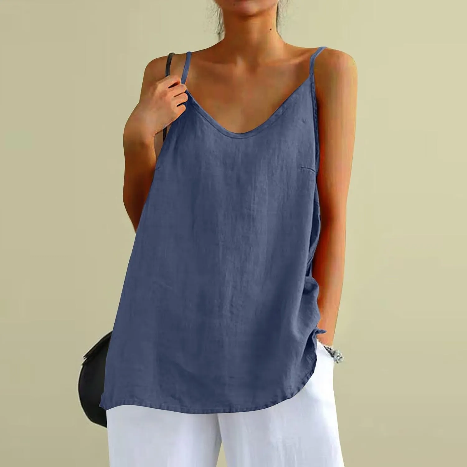 Camisole Tops for Women Summer V Neck Sleeveless Tops Loose Fit Swing Spaghetti Strap Cotton Linen Cami Tank Top