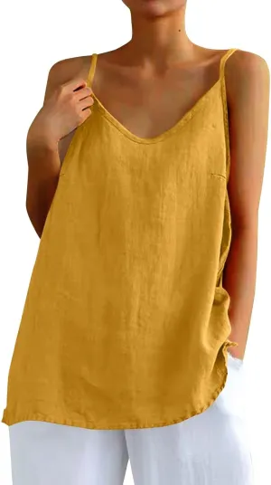 Camisole Tops for Women Summer V Neck Sleeveless Tops Loose Fit Swing Spaghetti Strap Cotton Linen Cami Tank Top