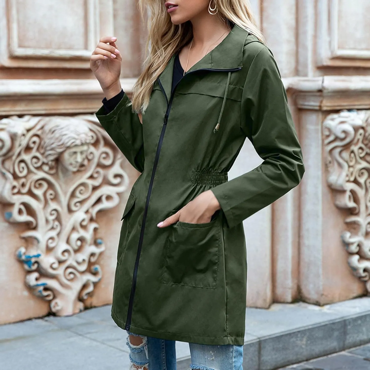 Canbebig Rain Jacket Women Lightweight Waterproof Rain Coat Zip Up Hooded Jacket Packable Rain Jacket Windbreaker with Pocket