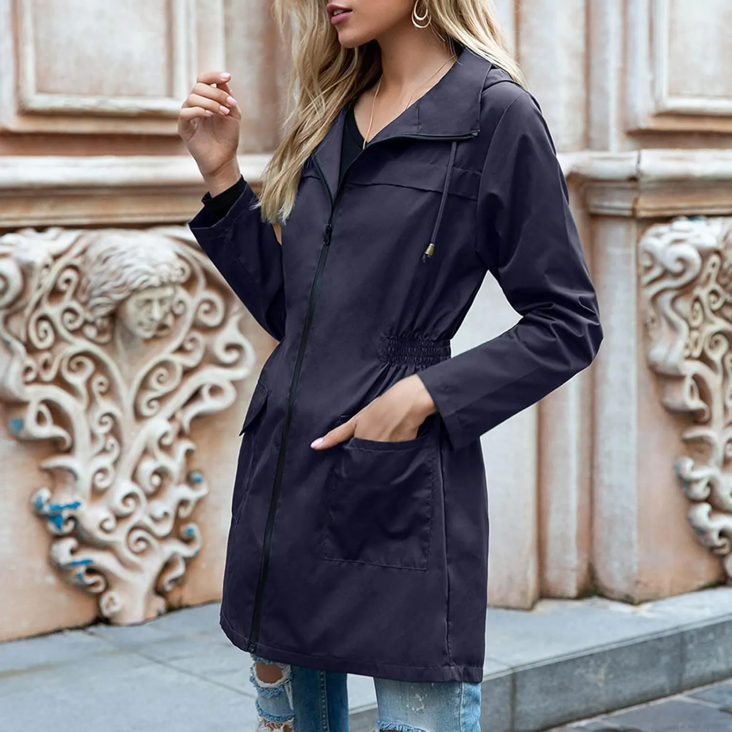 Canbebig Rain Jacket Women Lightweight Waterproof Rain Coat Zip Up Hooded Jacket Packable Rain Jacket Windbreaker with Pocket