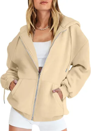 Canbebig Womens Oversized Zip Up Hoodies Y2K Hooded Sweatshirts Casual Drawstring Fall Track Jackets with Pockets Teen Girls