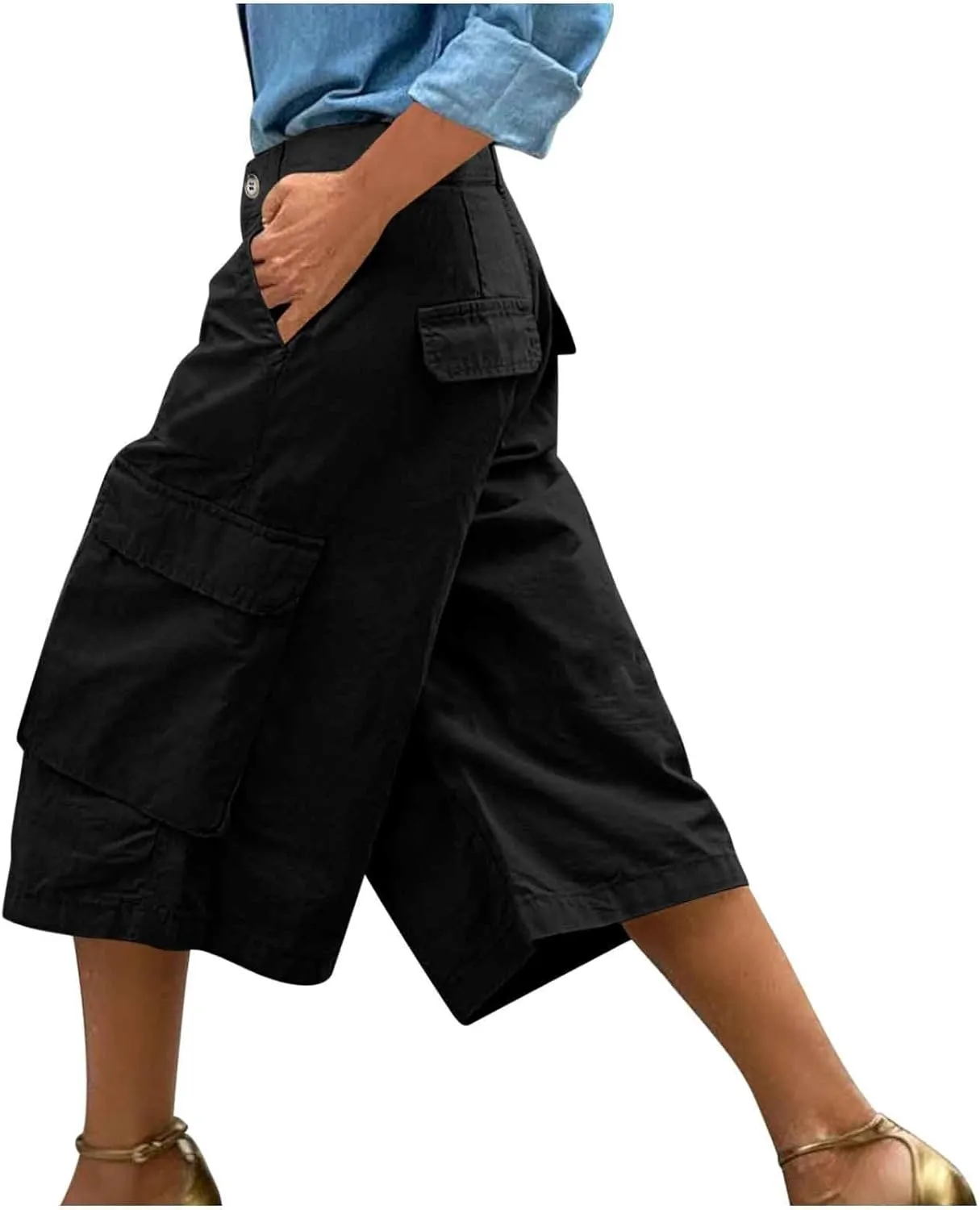 Cargo Capris for Women Stretch Wide Leg Hiking Pants Lightweight Quick Dry Baggy Cargo Pants with Pockets