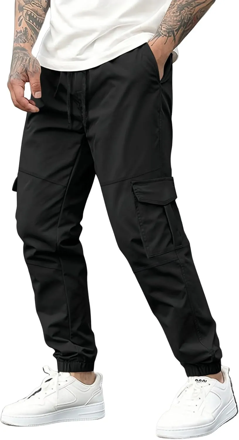 Cargo Pants for Men Casual Drawstring Waist Tapered Leg Pants Loose Fit Hiking Travel Pants with Multi Pockets