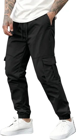 Cargo Pants for Men Casual Drawstring Waist Tapered Leg Pants Loose Fit Hiking Travel Pants with Multi Pockets